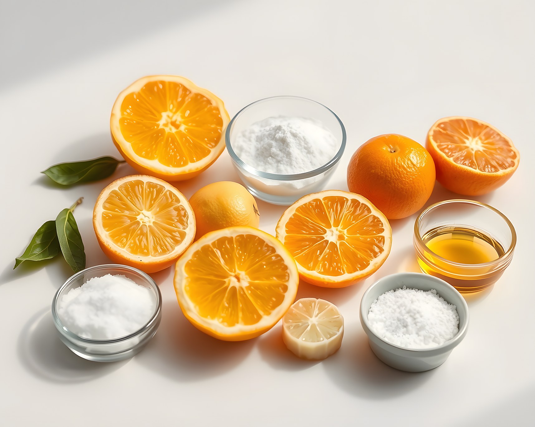Food and beverage raw materials including a white crystalline acidulant on a laboratory bench