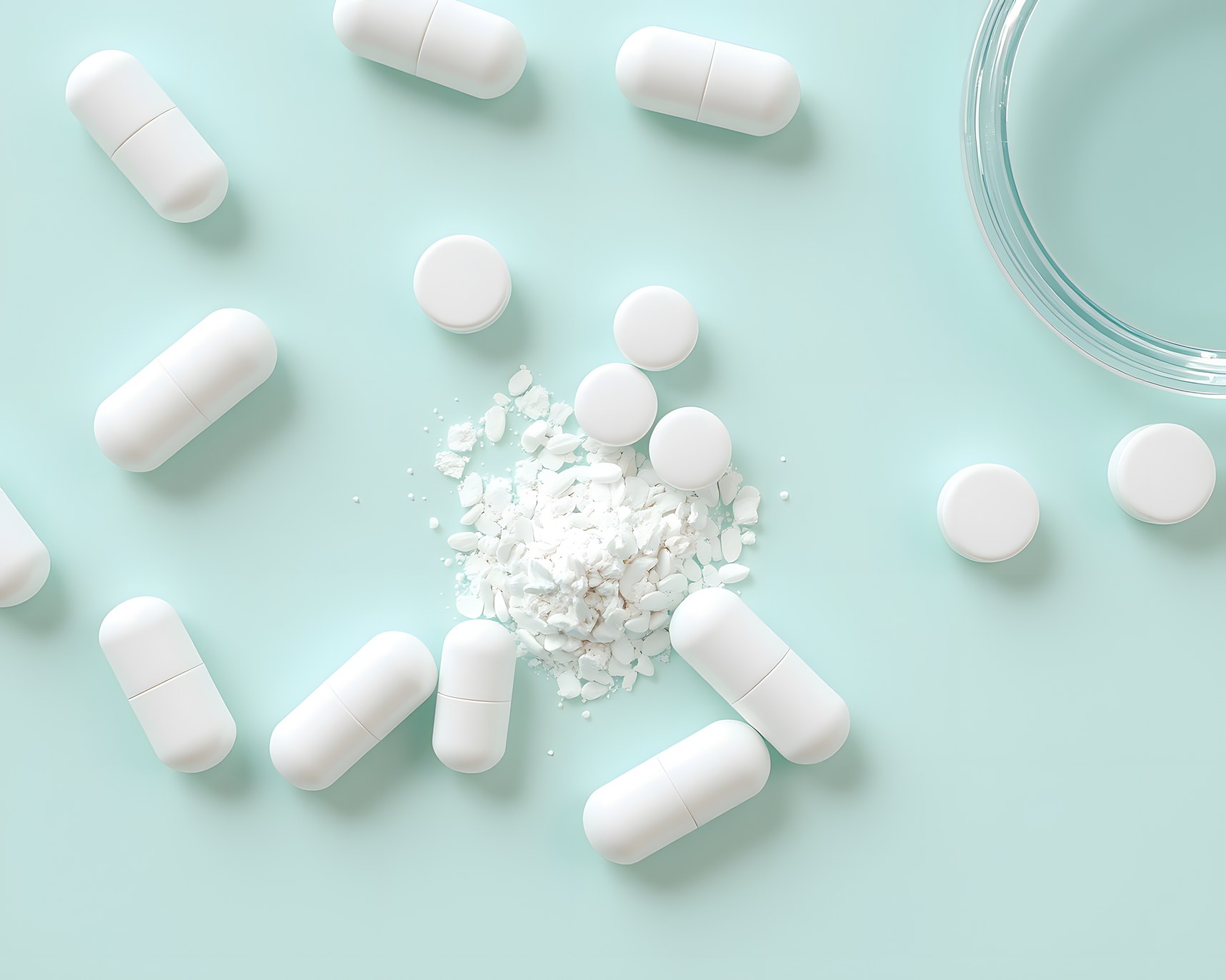 Pharmaceutical-grade raw material in laboratory glassware on a clean bench